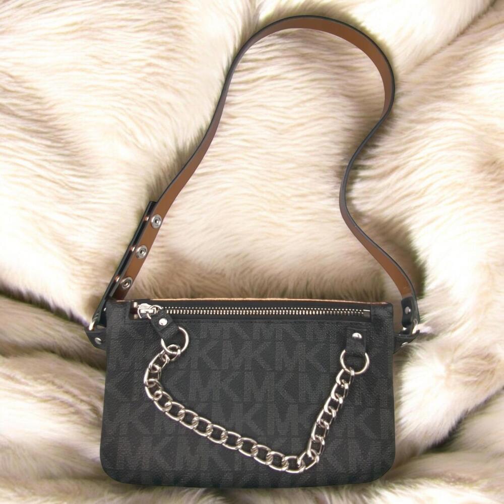 Michael Kors Fanny Jet Set MK Signature Pull Chain Zipper Black Adjustable Strap